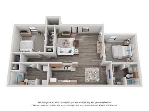 a stylized 3d floor plan with a bedroom and living room at Chapel Ridge of Stillwater, Stillwater, Oklahoma